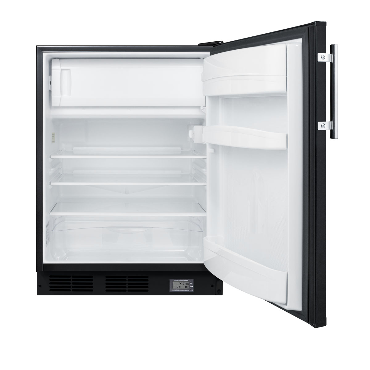 Counter height break room refrigerator-freezer in black with NIST calibrated thermometer and alarm